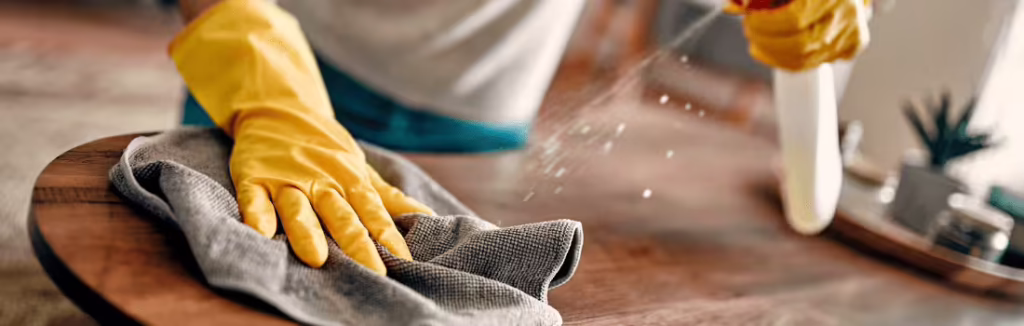 A person wiping down a counter to avoid making cleaning mistakes