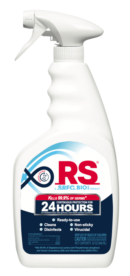 A bottle of SRFC Bio RS disinfectant spray