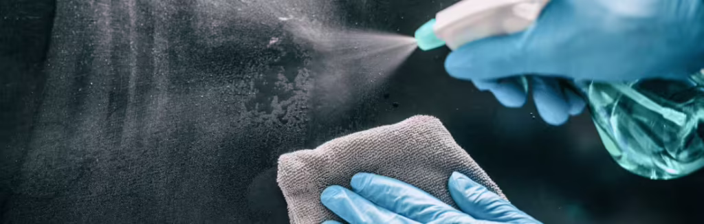 A person wiping down a surface with antibacterial spray