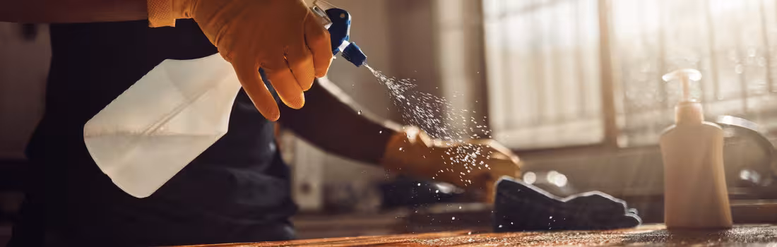 A gloved hand spraying disinfectant onto a wooden tabletop surface