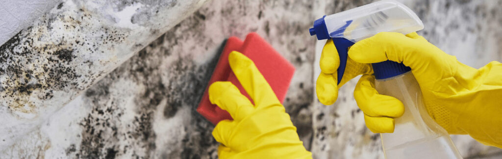 A person spraying disinfecting solution onto a wall to demonstrate how to get rid of mold