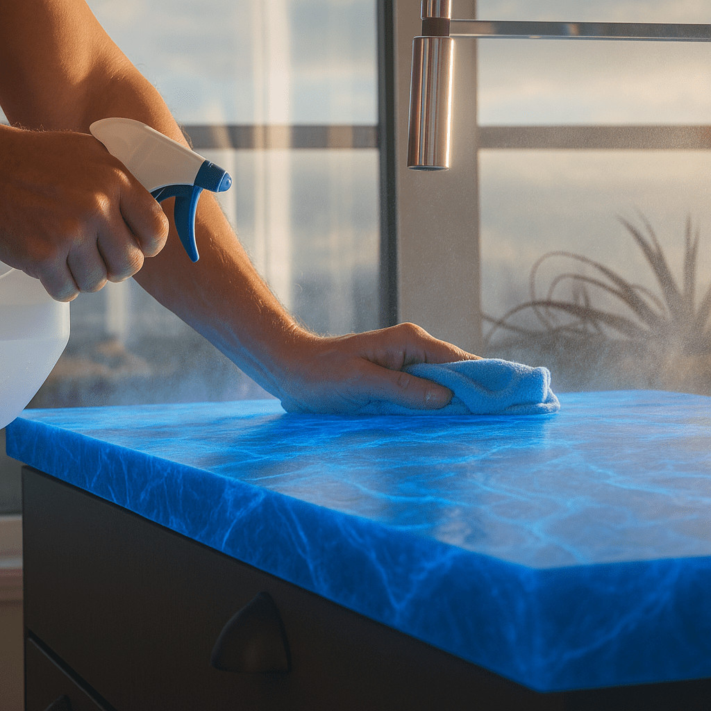 A blue, glowing barrier on a countertop surface protected by SRFC Bio RS
