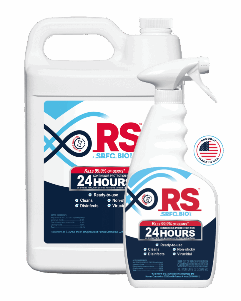 Bottles of SRFC Bio RS germ spray