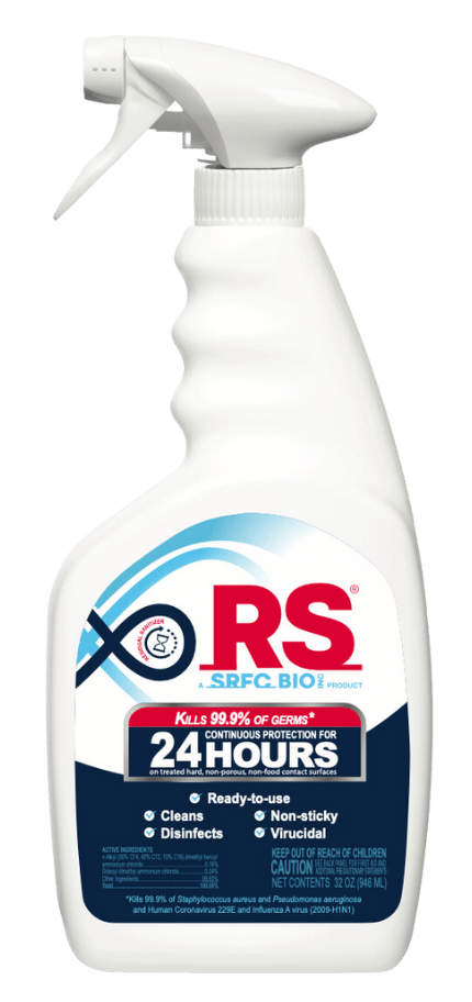 A bottle of SRFC Bio RS disinfectant spray