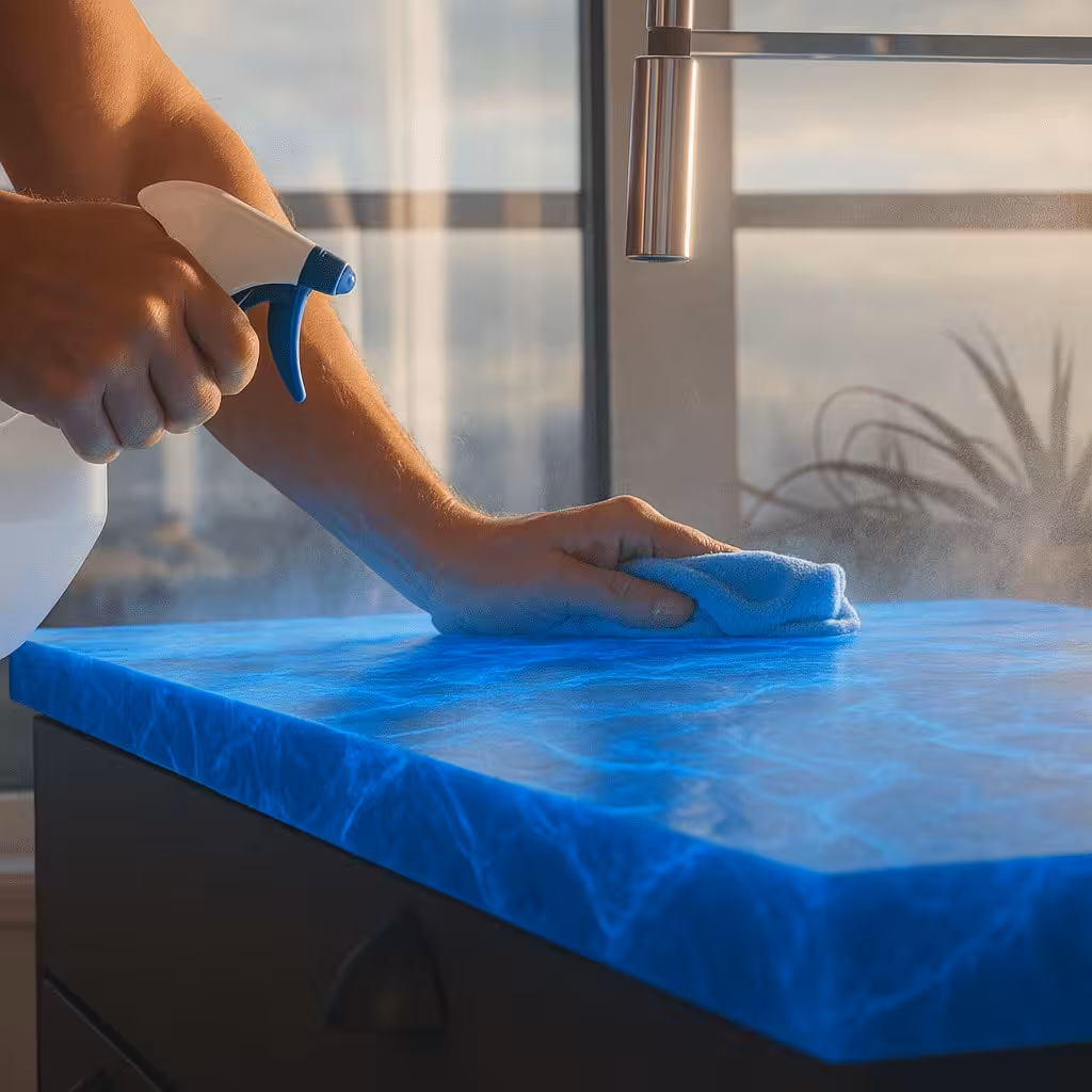 A blue, glowing barrier on a countertop surface protected by SRFC Bio RS disinfectant spray