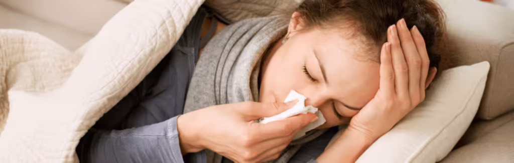 A woman suffering from cold and flu, lying down and holding a tissue to her nose
